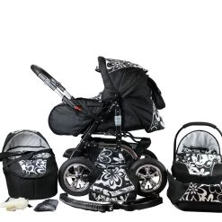 10tlg. Set: Kombi Kinderwagen "Milano" In Schwarz/Gemustert