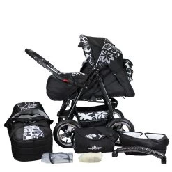 10tlg. Set: Kombi Kinderwagen "Rio" In Schwarz/Gemustert