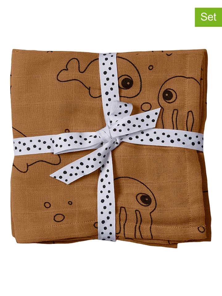 Done By Deer 2er-Set: Mulltücher "Sea Friends" In Gelb - (L)120 X (B)120 Cm