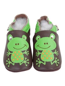 Leder-Krabbelschuhe "Frosch" In Braun/ Grün