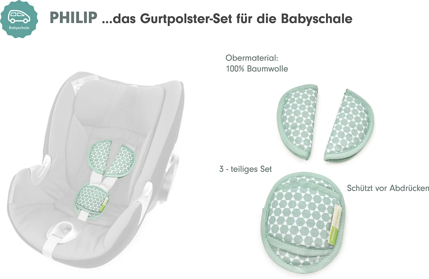 PHILIP Gurtpolster-Set Für Babyschalen - Prisma, Mint, 3-tlg. – Bild 3
