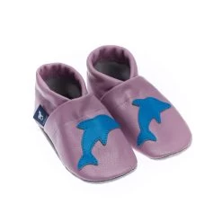 Krabbelschuhe / Lederpuschen Mit Delfin In Lila / Hellblau