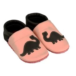 Krabbelschuhe / Lederpuschen Mit Dinosaurier In Rosa / Grau