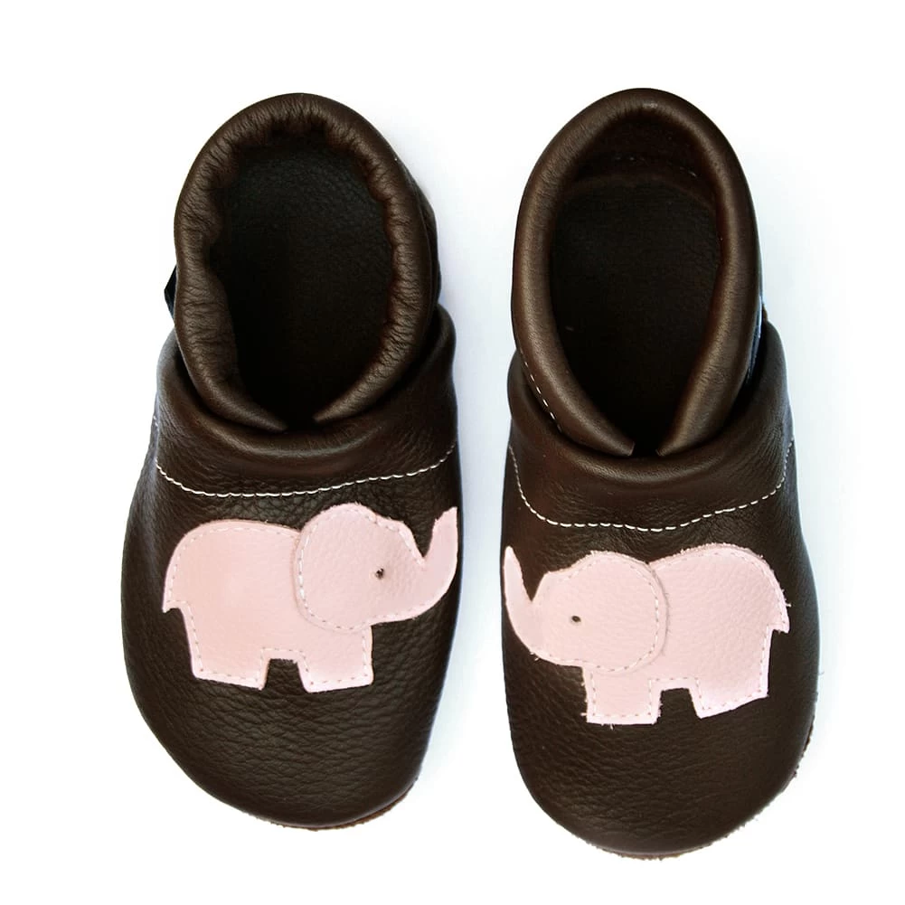 Krabbelschuhe / Lederpuschen Mit Elefant In Dunkelbraun / Rosa – Bild 2