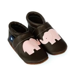 Krabbelschuhe / Lederpuschen Mit Elefant In Dunkelbraun / Rosa
