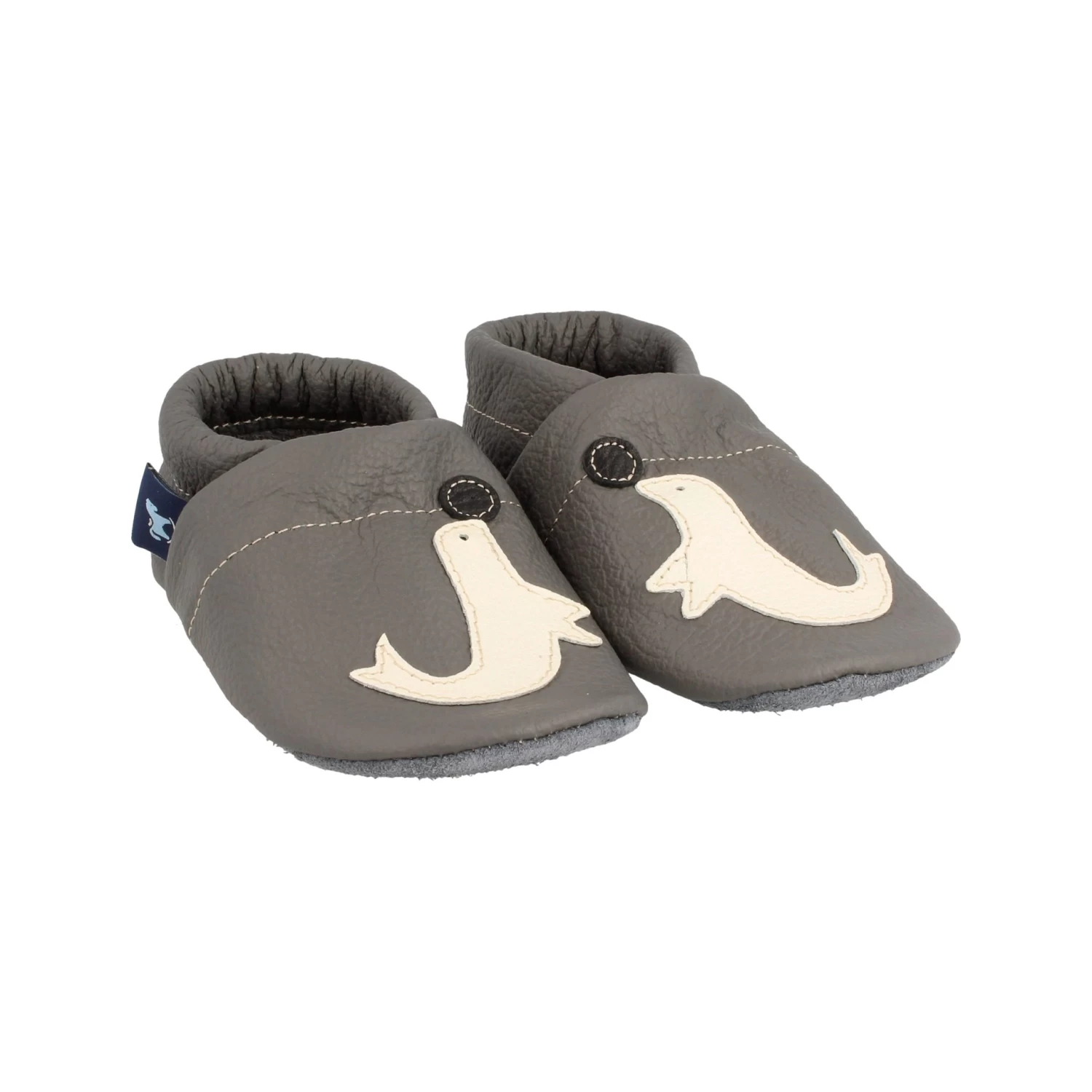 Krabbelschuhe / Lederpuschen Mit Robbe In Grau / Beige
