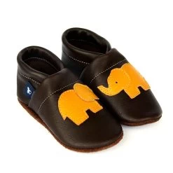Lauflernschuhe / Lederpuschen Mit Elefant In Dunkelbraun / Gelb