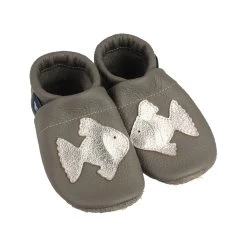 Lauflernschuhe / Lederpuschen Mit Fisch In Grau / Silber