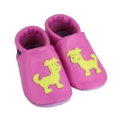 Lauflernschuhe / Lederpuschen Mit Hund In Lila / Apfelgrün