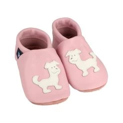 Lauflernschuhe / Lederpuschen Mit Hund In Rosa / Weiß