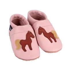 Lauflernschuhe / Lederpuschen Mit Pferd In Rosa / Braun