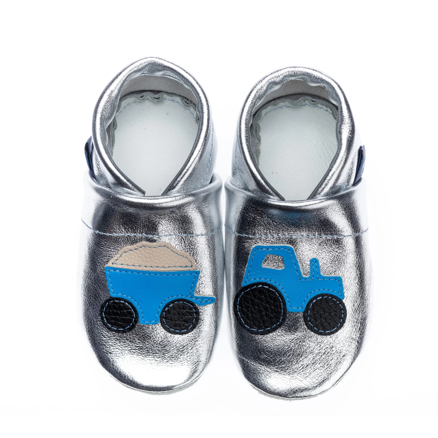 Lauflernschuhe / Lederpuschen Mit Traktor In Silber / Hellblau â Bild 2