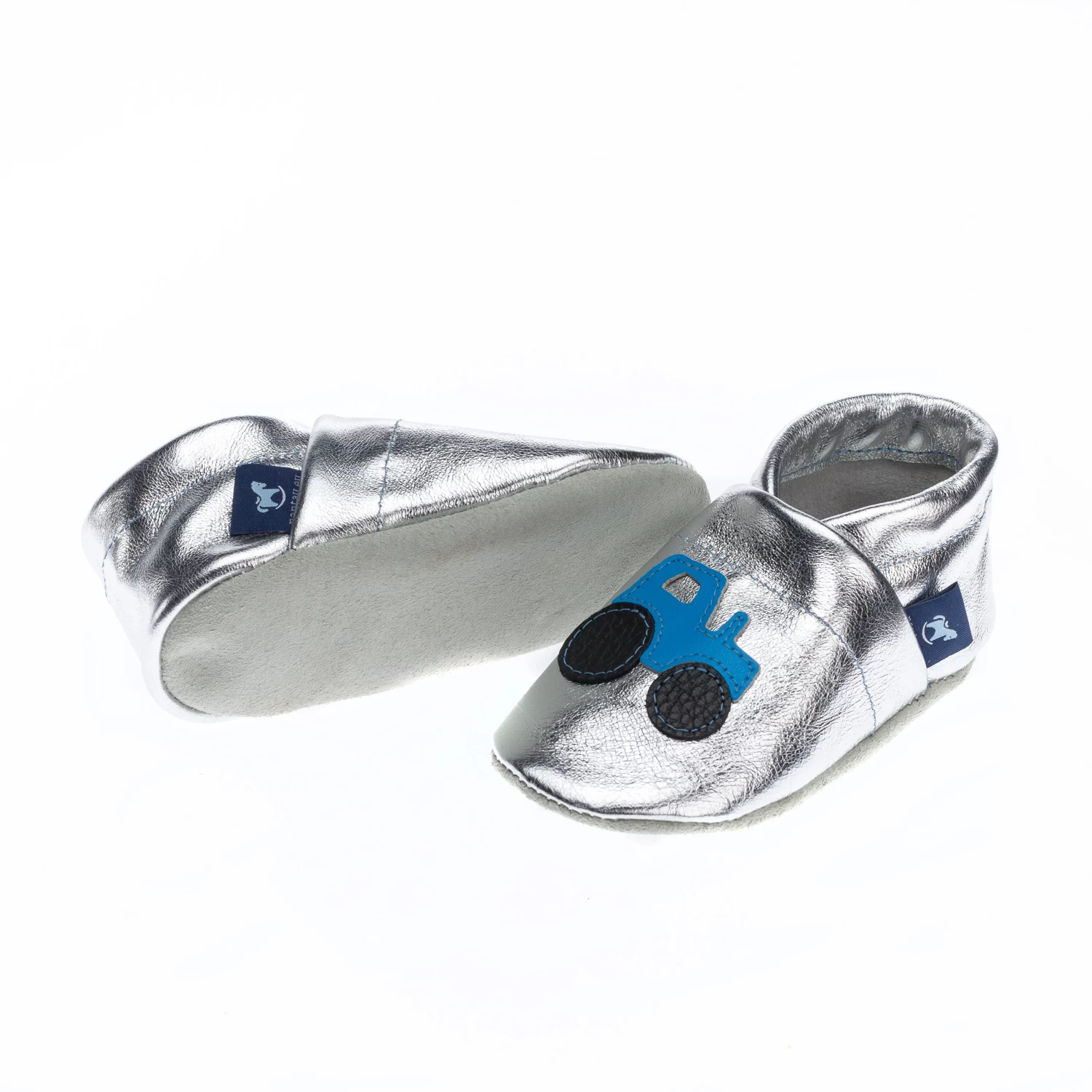 Lauflernschuhe / Lederpuschen Mit Traktor In Silber / Hellblau â Bild 3