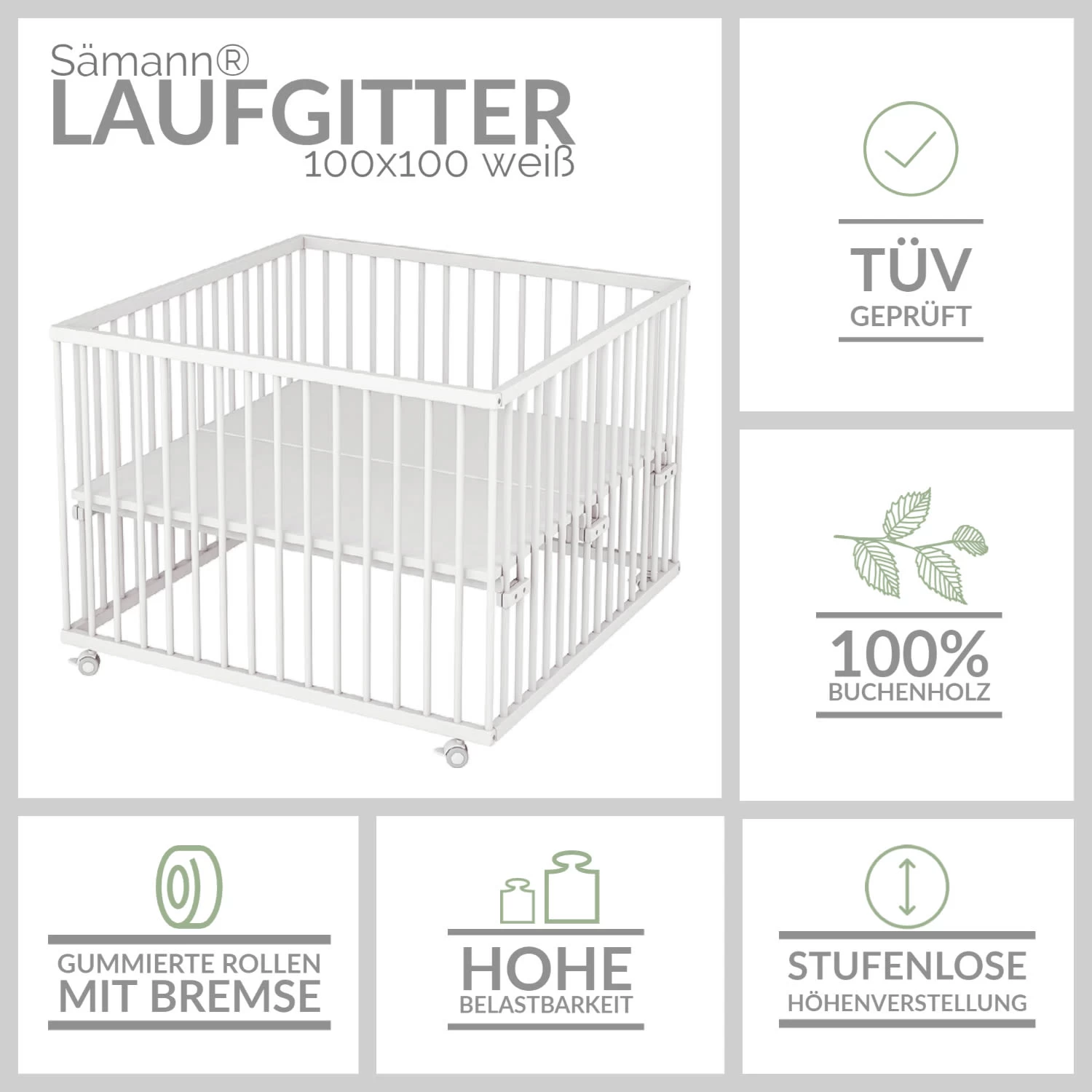 Laufgitter Mit Matratze In Weiß - 100x100 Cm – Bild 2